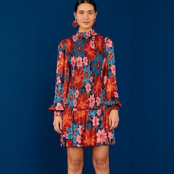 FARM RIO Floral Red Multi Mixed Flower Prints Smocked Mini Dress XS $221 - Picture 4 of 14